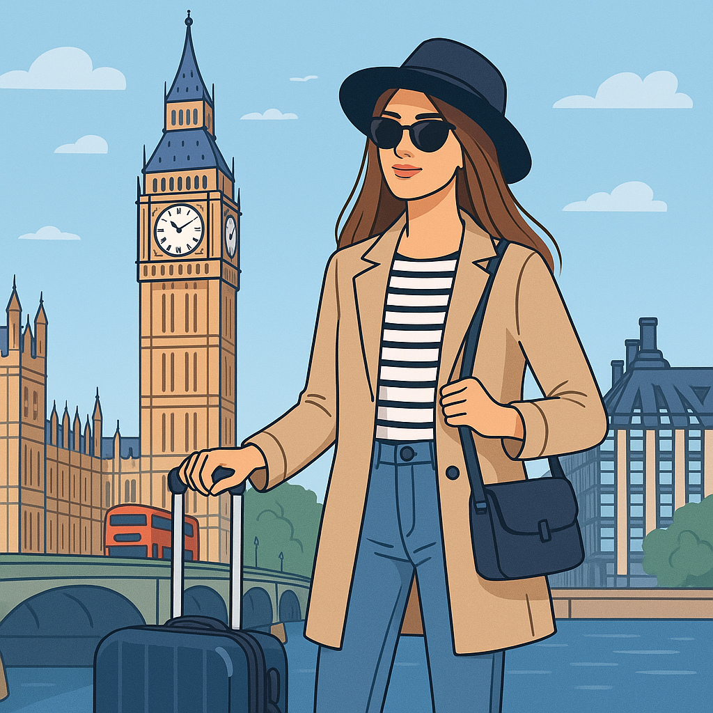 Ilustrasi seorang wisatawan muda bergaya modern dengan koper di depan Big Ben dan gedung Parlemen London pada sore hari yang cerah, menggambarkan suasana jalan-jalan ke London dengan nuansa elegan dan hangat.