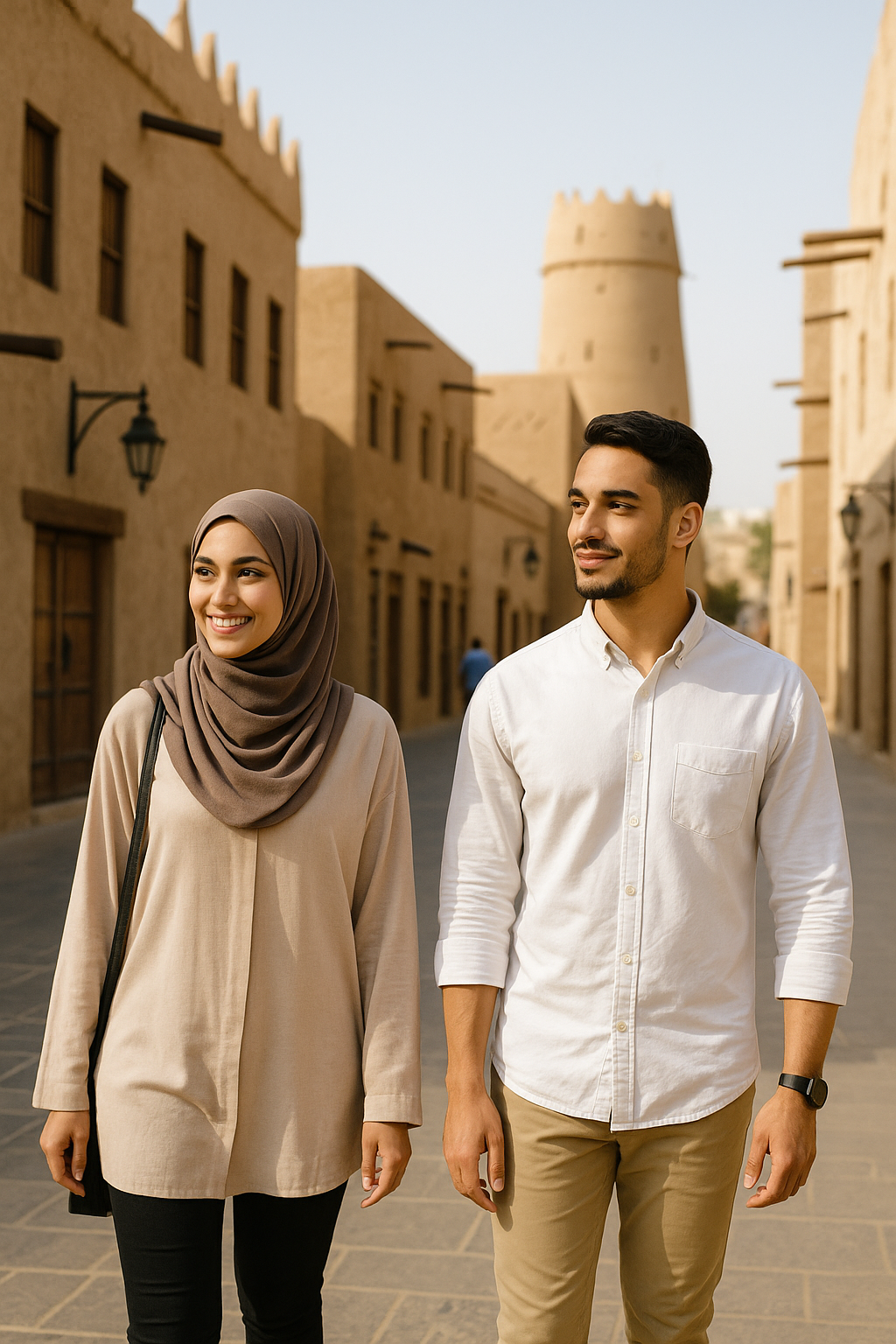 Pasangan wisatawan berpakaian sopan berjalan santai di kawasan bersejarah Riyadh, Arab Saudi, dengan gaya outfit liburan yang stylish dan nyaman di bawah sinar matahari sore.