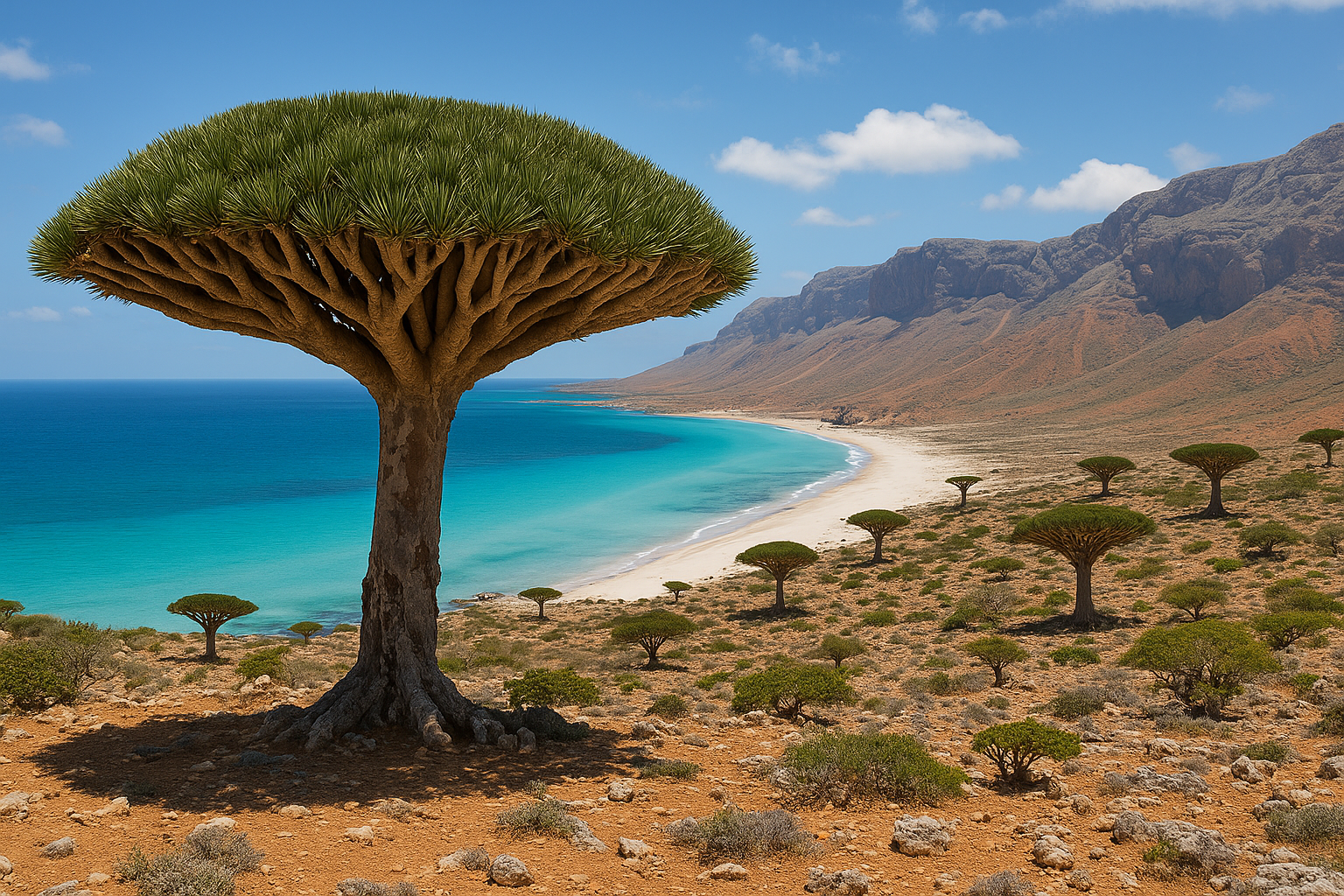 Pemandangan Pulau Socotra di Yaman dengan pohon Dragon Blood berbentuk unik di tepi pantai pasir putih, laut biru toska, dan pegunungan tandus di kejauhan di bawah langit biru cerah.
